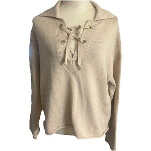 Maurices  Lace Up Collared Sz M Beige Ribbed Knit Spread Collar Relaxed Sweater